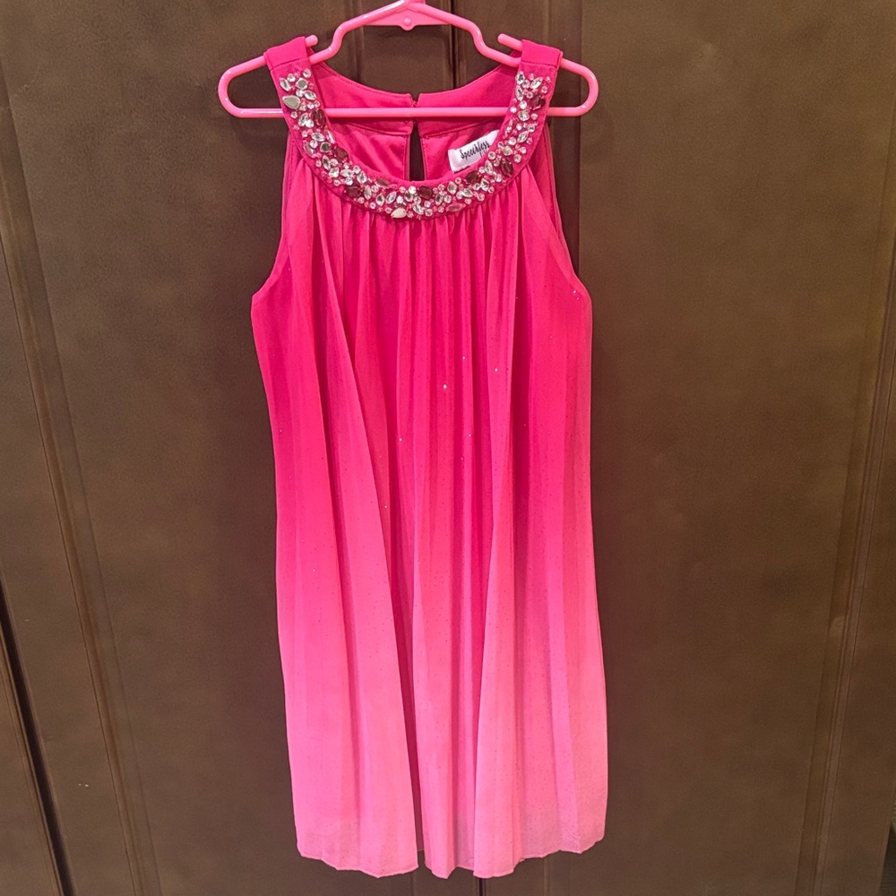 Pink Glittery Sleeveless Kids Dress with Embellished Neckline